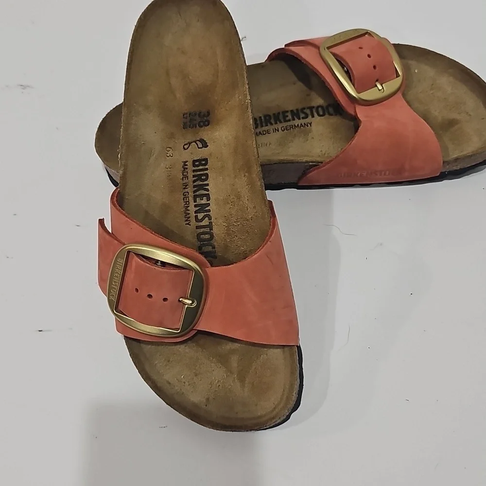 Rare Birkenstock Madrid Big Buckle “Mars Red” nubuck leather gold size 38 narrow